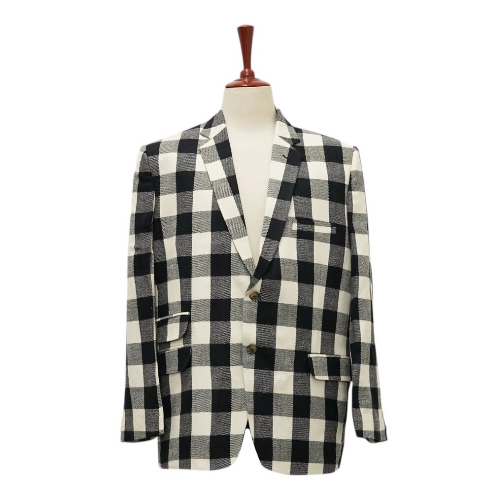 Mens 46R Wool Blazer Sport Coat Black Ivory Buffalo Plaid Check Formal Wedding
